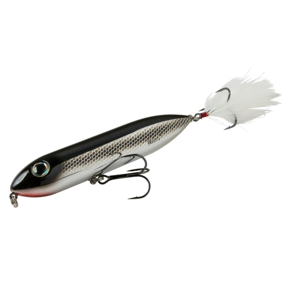Heddon Super Zara Spook Black Shiner 4.5-inch topwater lure with surface appeal.