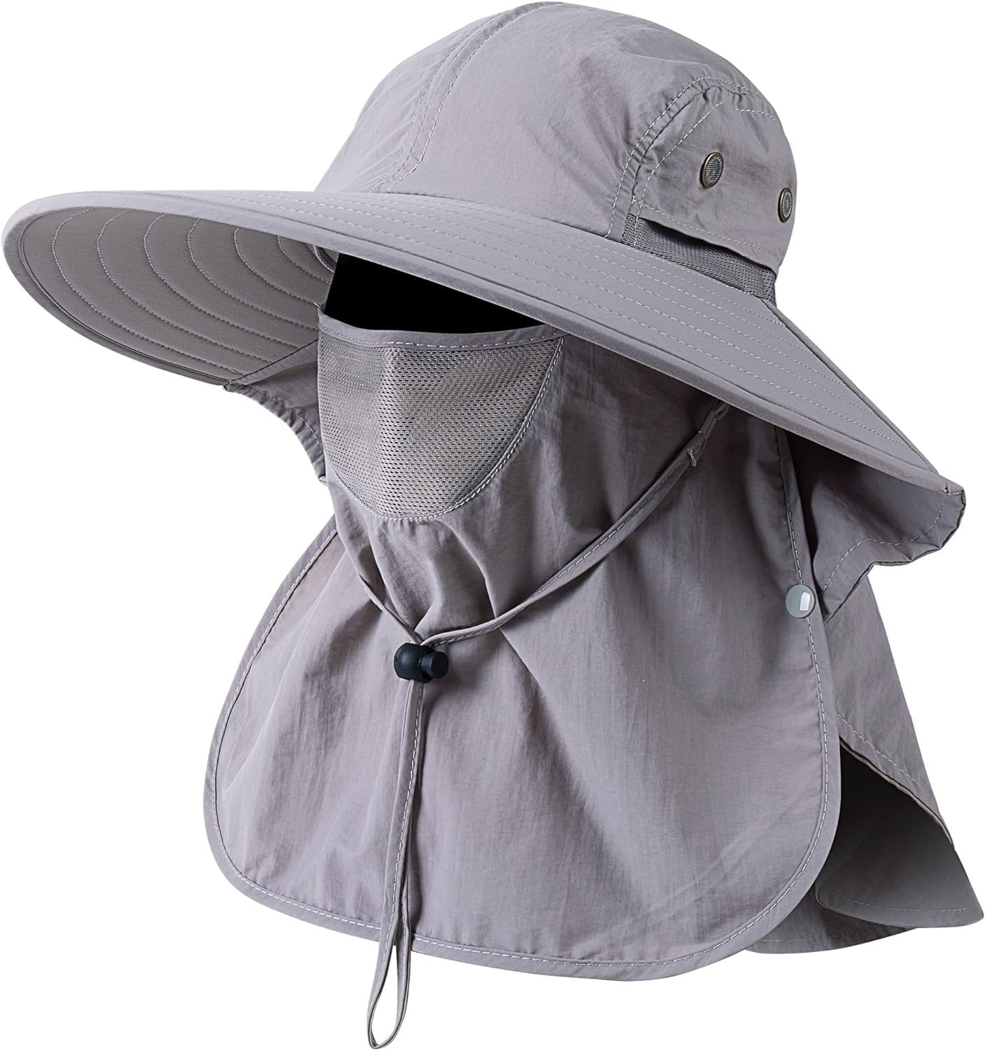HEEHIPOO grey UPF 50+ fishing hat with wide brim and neck flap - front view