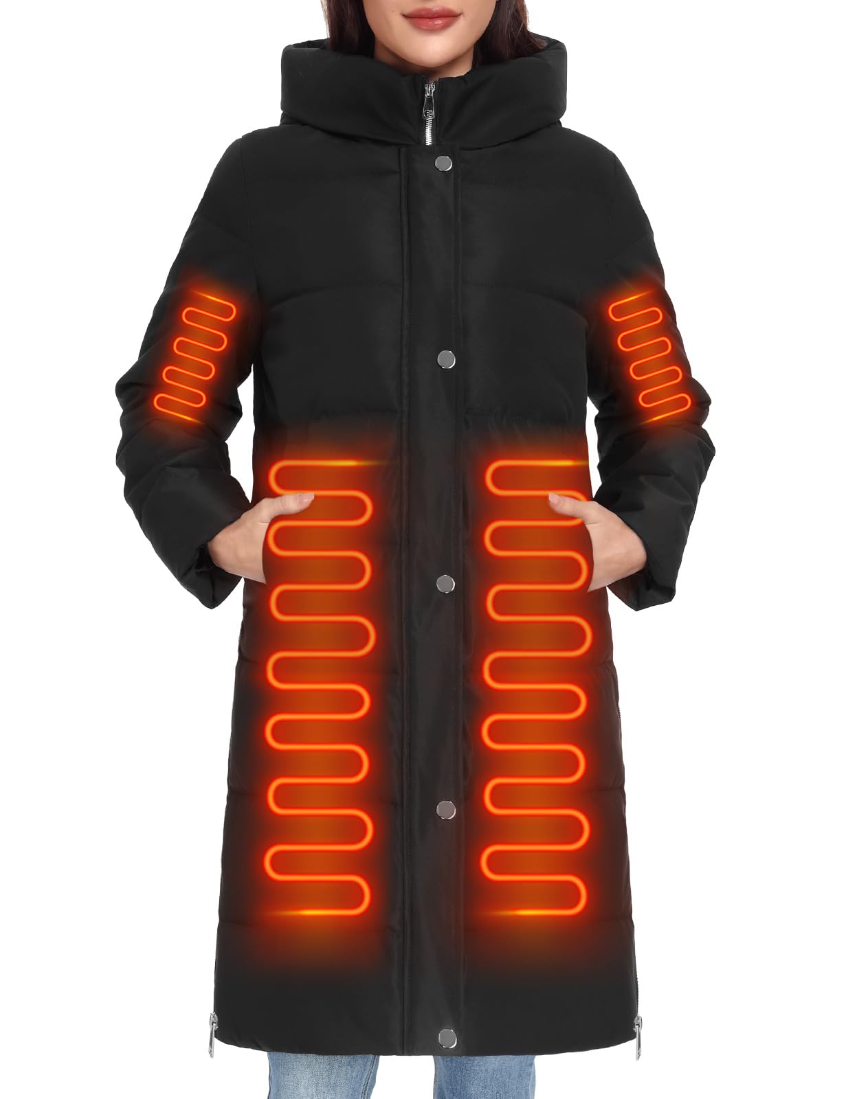 HEEKPEK women's heated long down jacket front view showing warmth and style