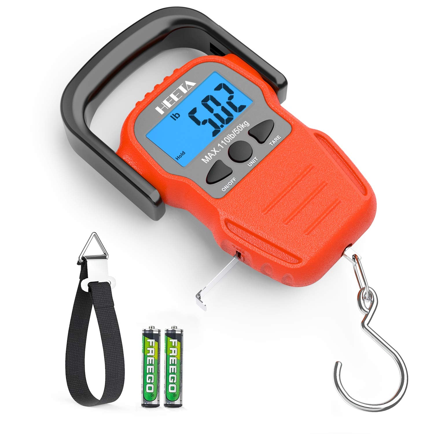 HEETA digital fishing scale with backlit LCD displaying weight