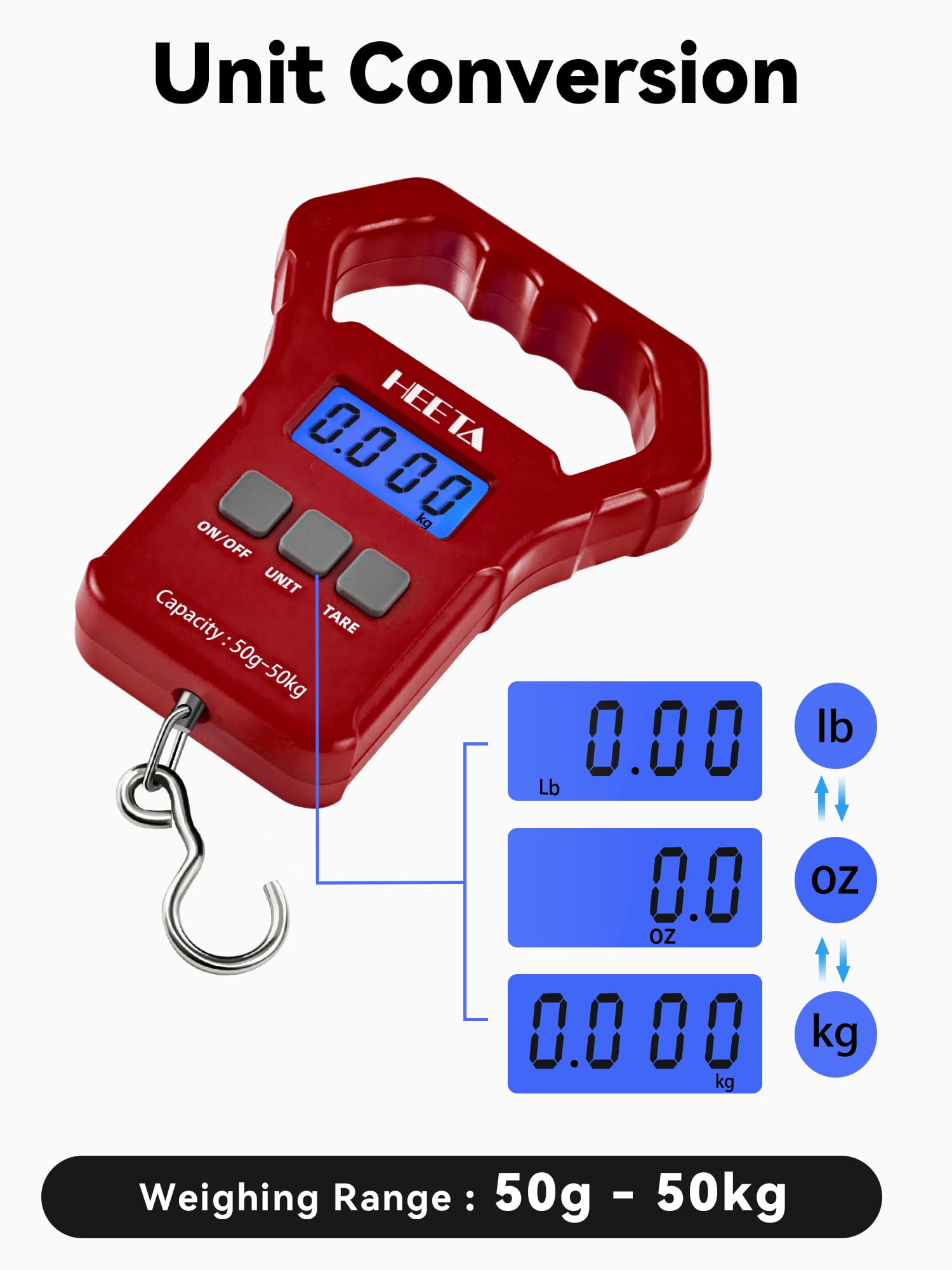 HEETA red digital fishing scale – back view showing hook