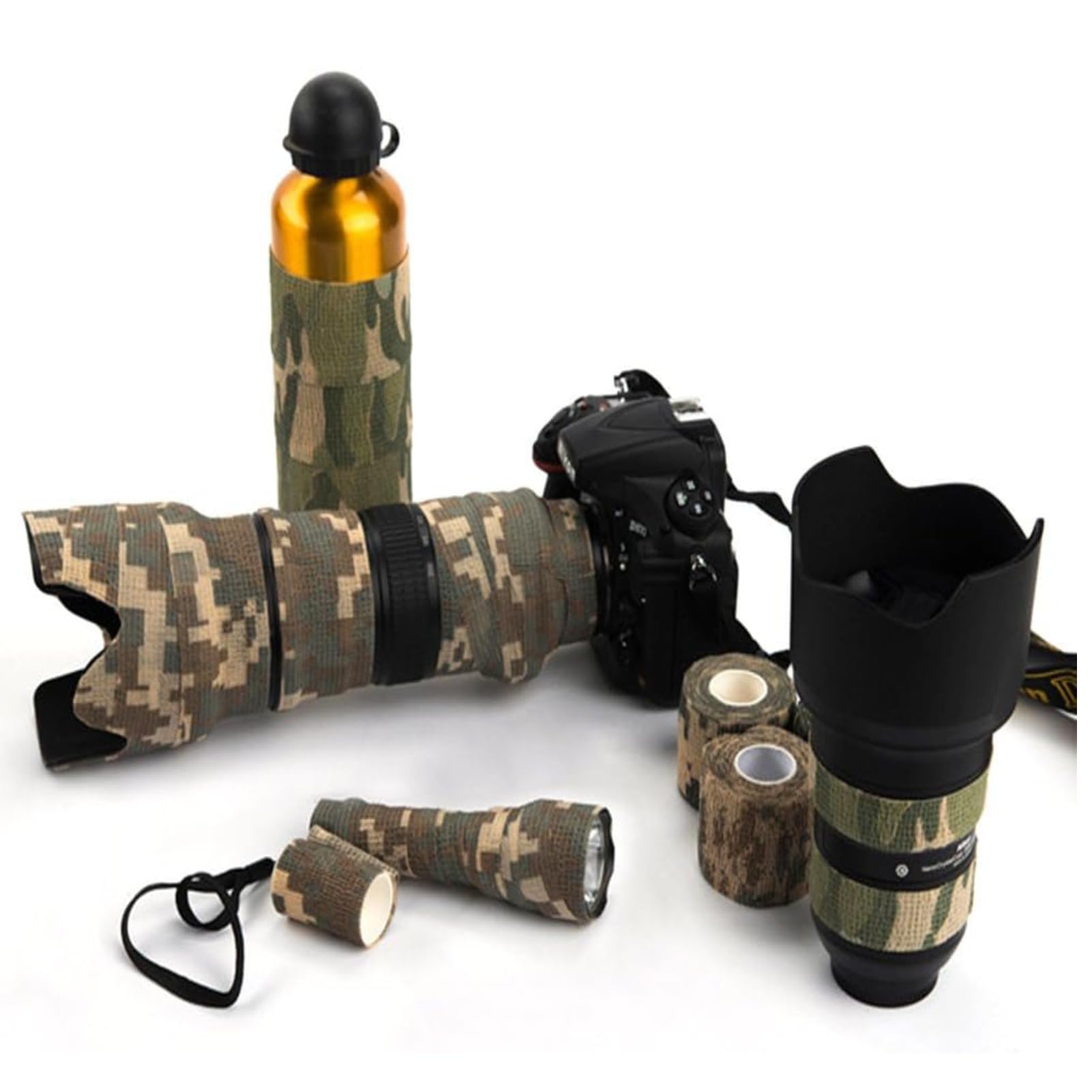 Heiegdr camo tape wrap on flashlight—quick concealment and surface protection.
