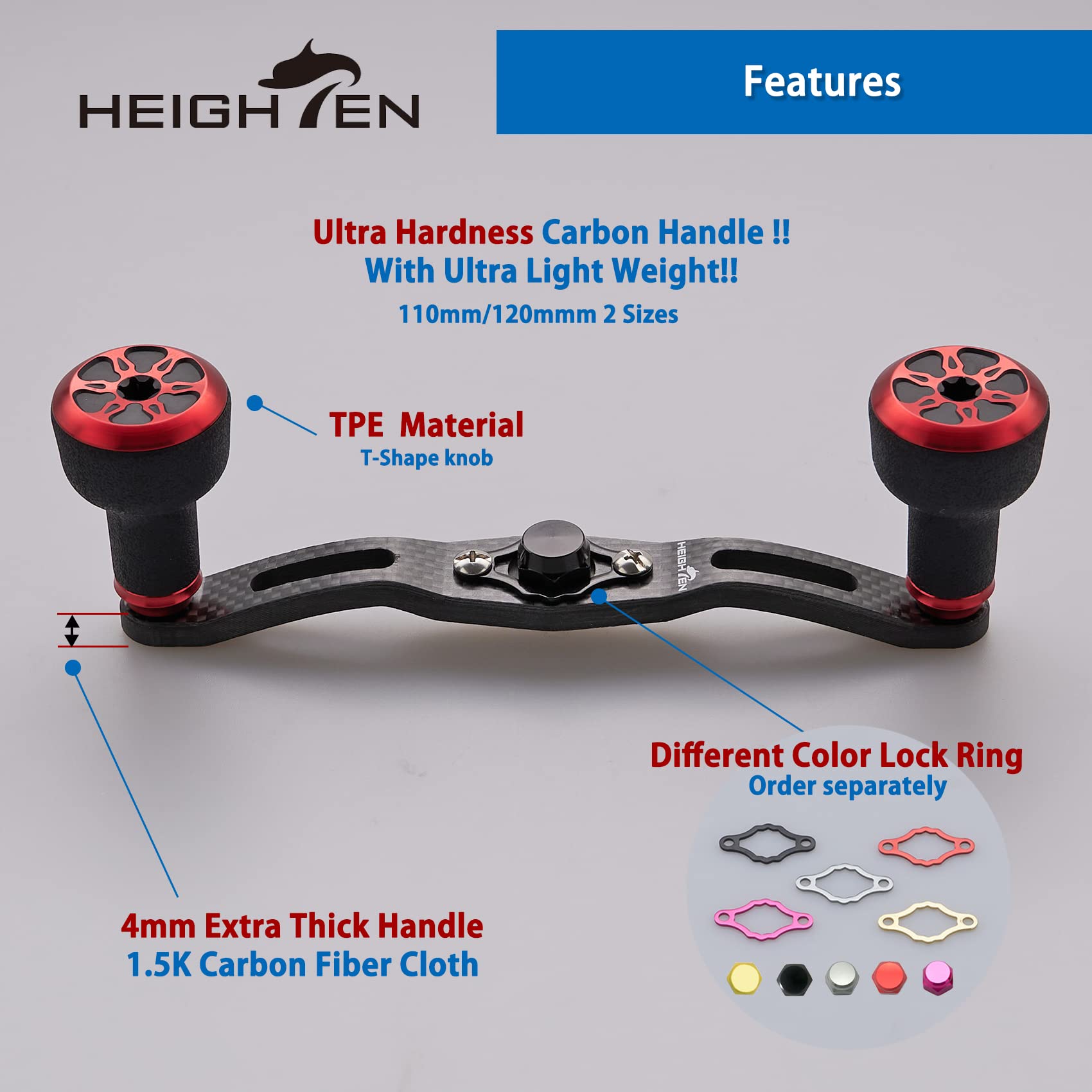 HEIGHTEN 120mm carbon handle closeup demonstrating extended leverage for bigger reels.