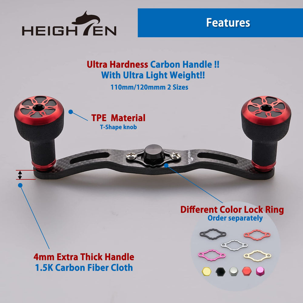 HEIGHTEN 120mm carbon handle closeup demonstrating extended leverage for bigger reels.
