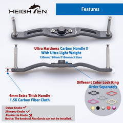 Heighten 120mm carbon fishing reel handle without knob - front view