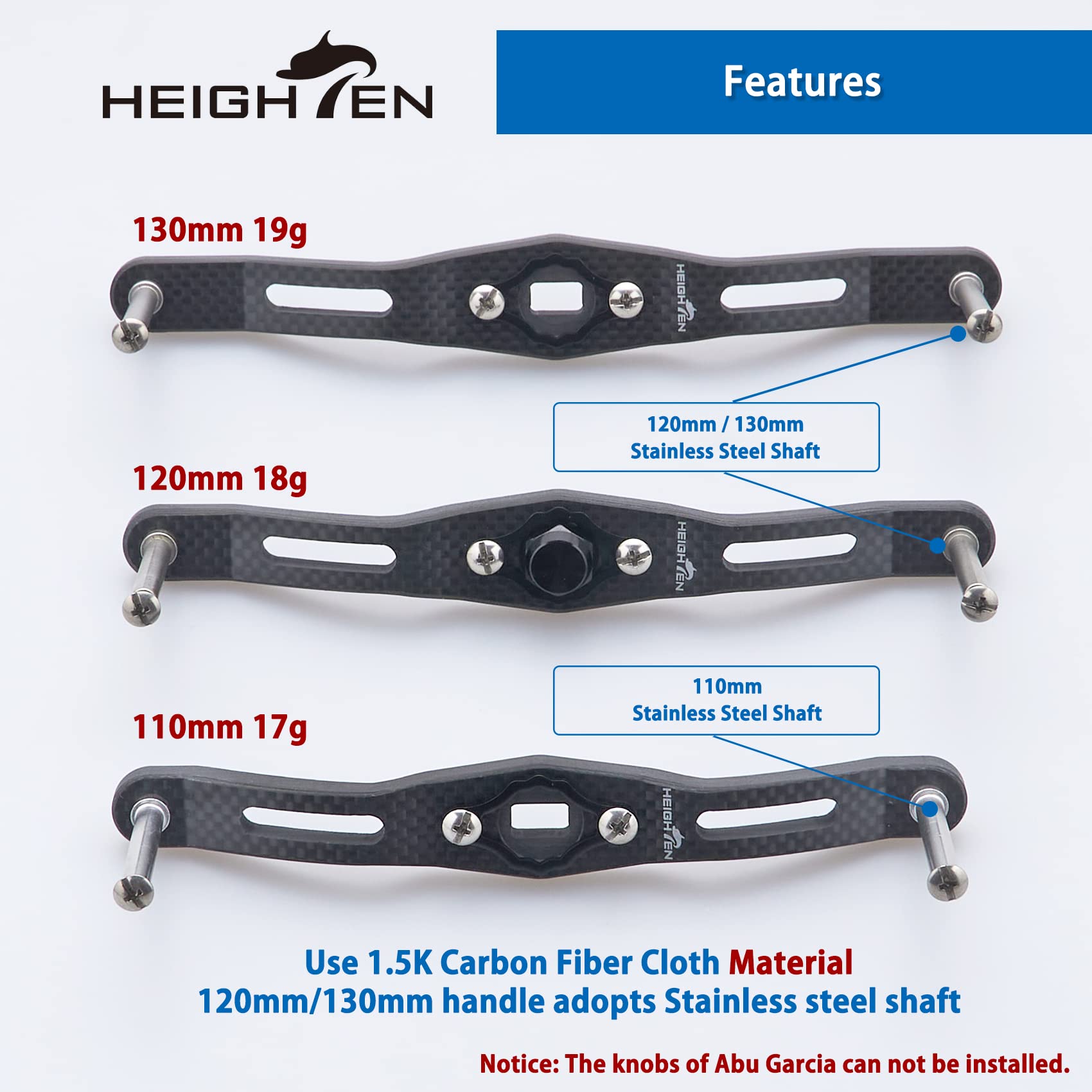 Heighten 120mm carbon fishing reel handle without knob - side view