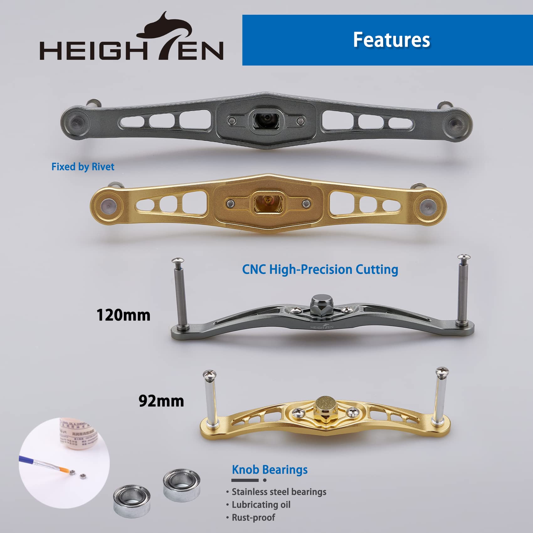 HEIGHTEN 120mm silver reel handle with components - top view