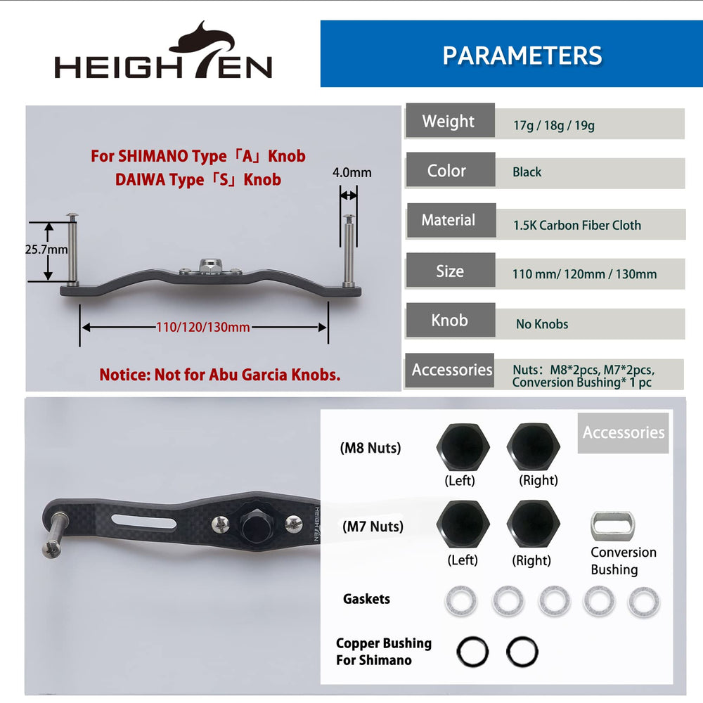 Heighten 130mm carbon fishing reel handle without knob - side view