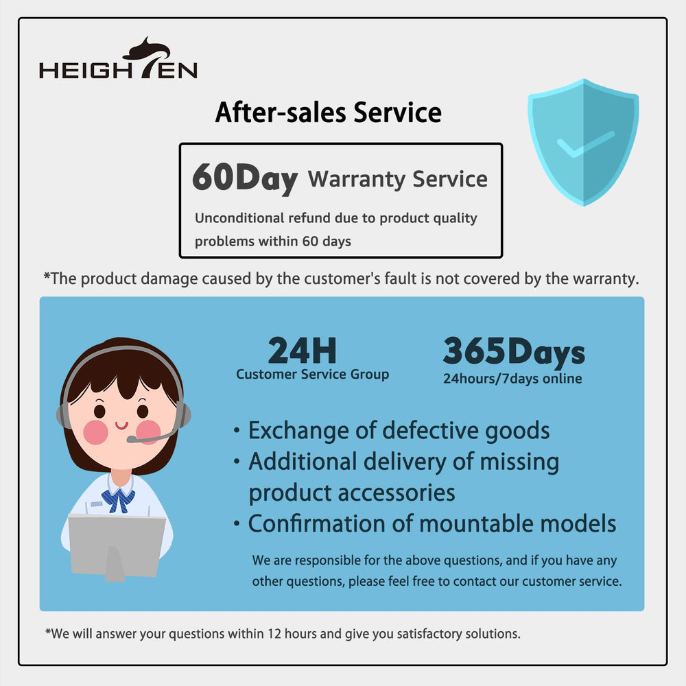 HEIGHTEN after-sales warranty info card indicating 1-month warranty and support.