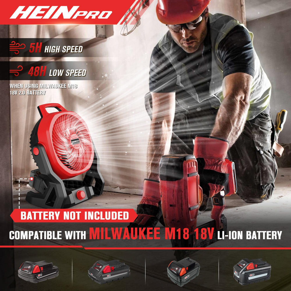 HEINPRO cordless fan with AC adapter option provides flexible power anywhere.
