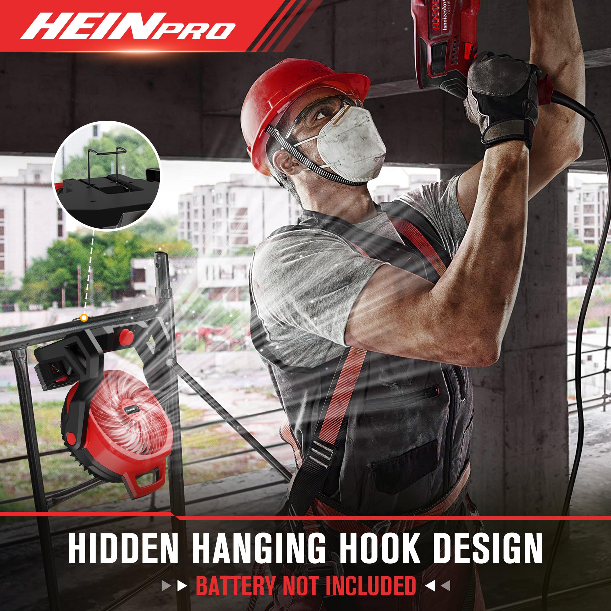 HEINPRO portable camping and jobsite fan suitable for outdoors and workspaces.