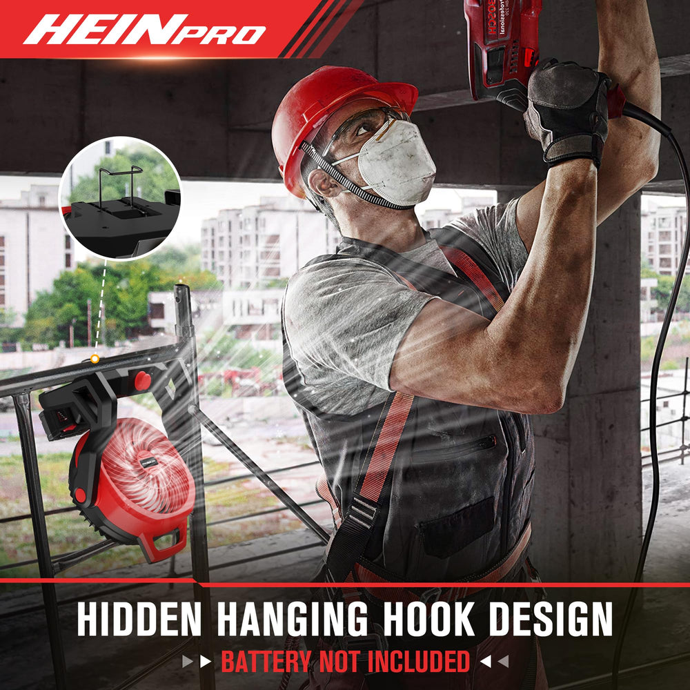 HEINPRO portable camping and jobsite fan suitable for outdoors and workspaces.