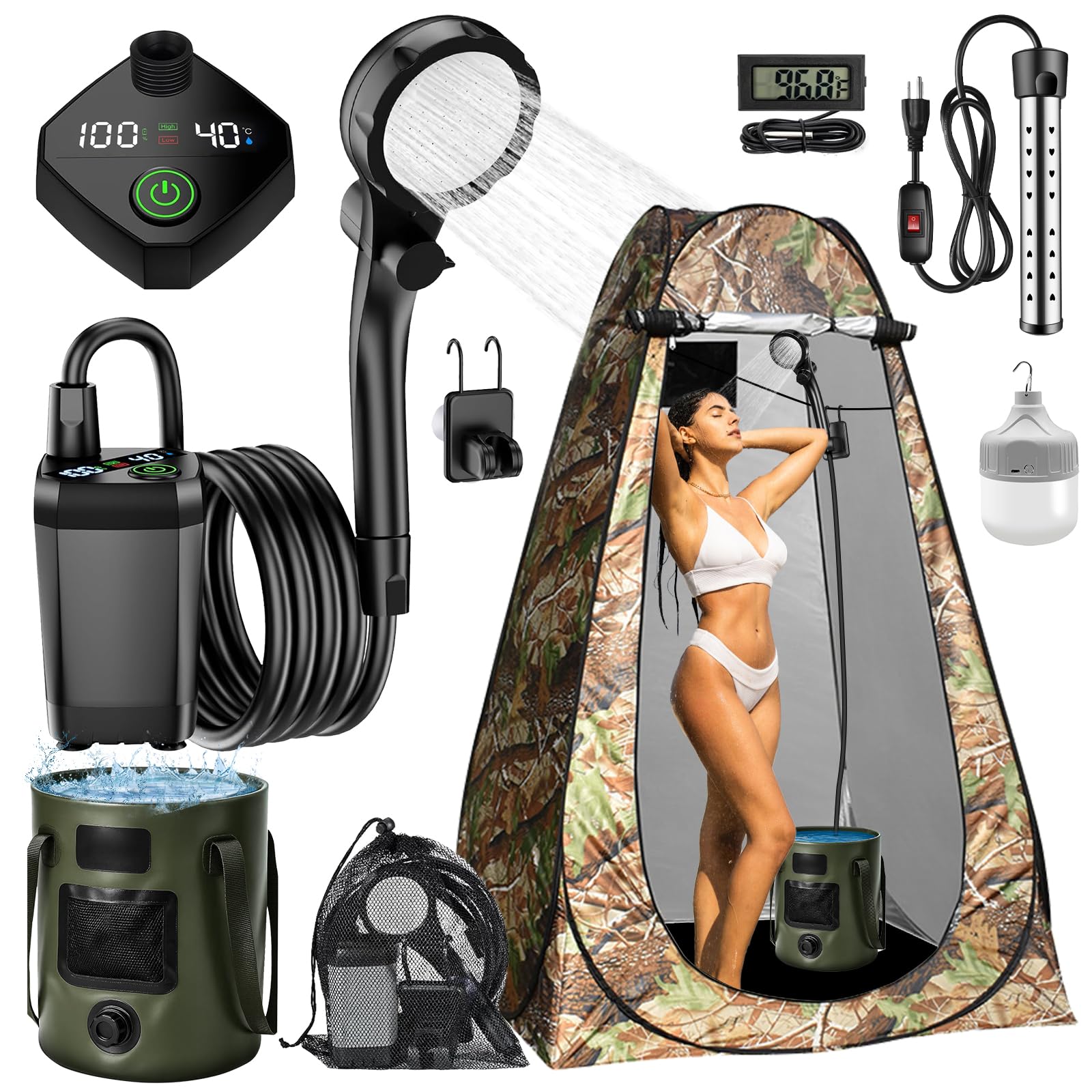 HeiPen shower-system-display shows temp and battery status for precise outdoors control.