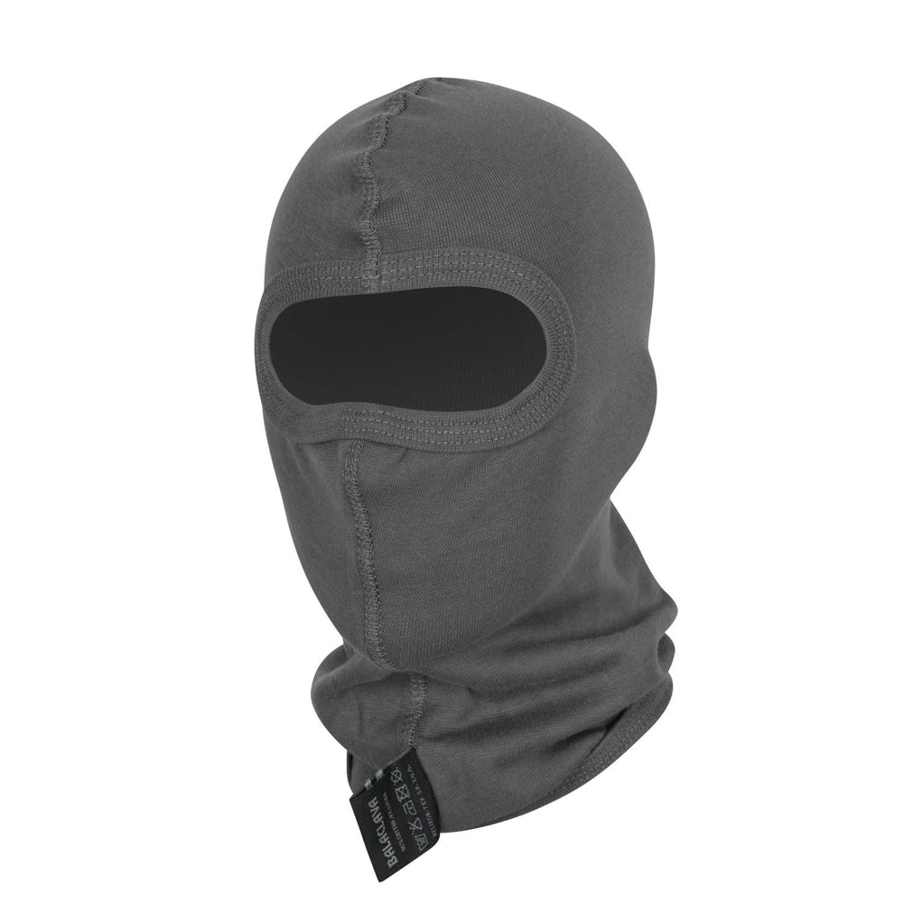 Helikon-Tex Balaclava Shadow Grey front view showing snug fit under goggles for outdoor use