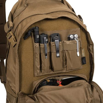 Helikon-Tex Organizer Insert Large Black inside a pack demonstrating compact dimensions for travel-ready gear.