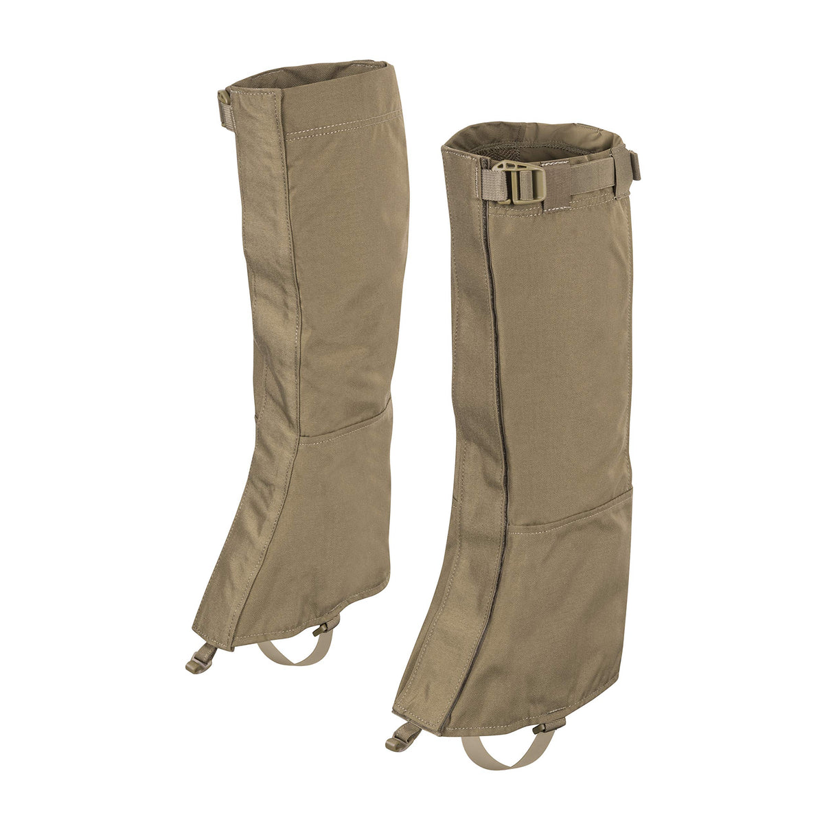 Helikon-Tex Snowfall Long Gaiters front view in coyote brown, ready for winter hikes.