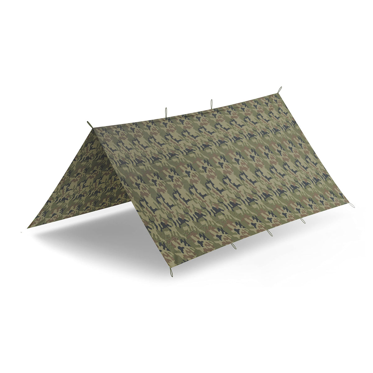 Helikon-Tex Supertarp Polish Woodland in setup position provides flexible shelter.