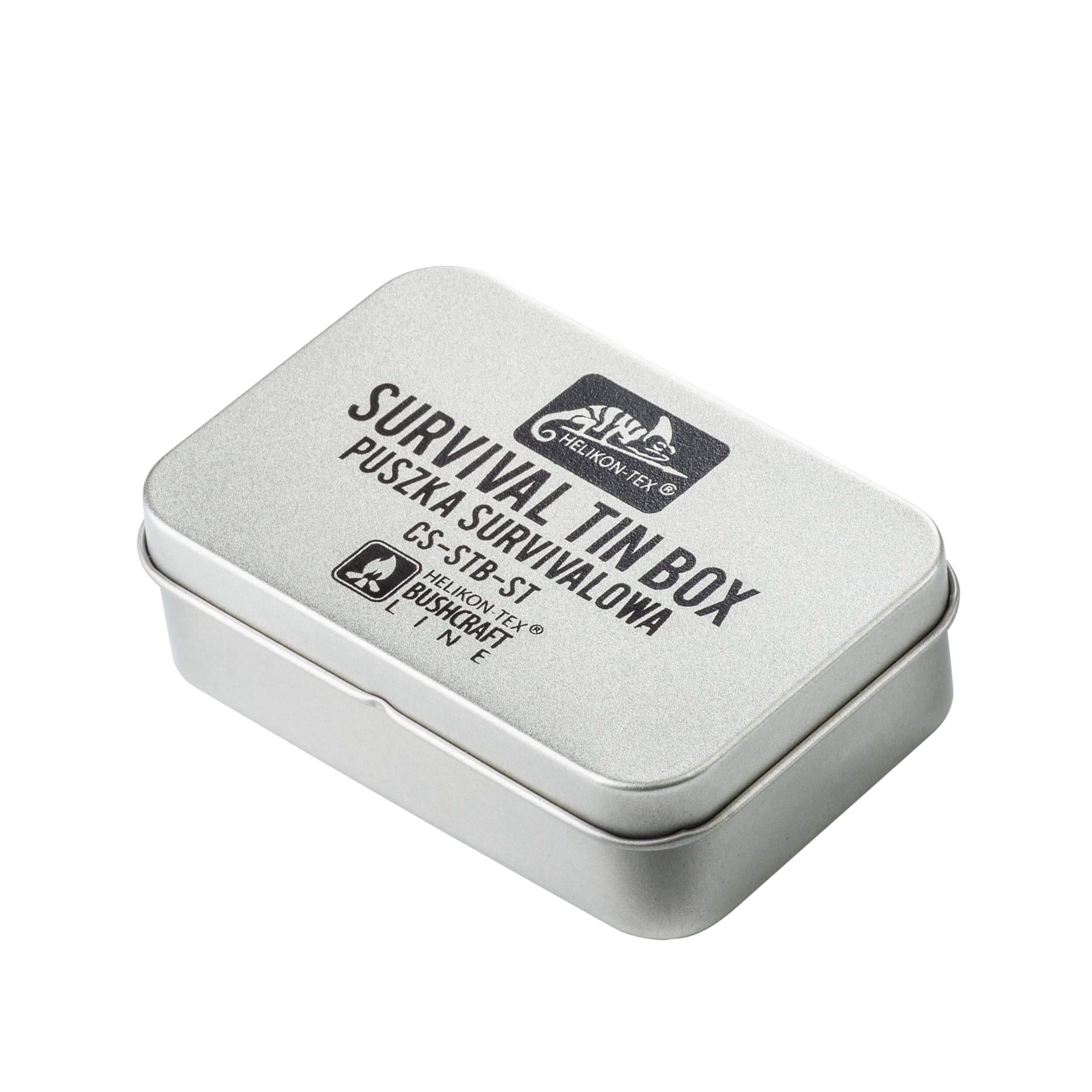 Helikon-Tex Survival Tin Box CS-STB-ST-15 front view, pocket-ready for quick access.