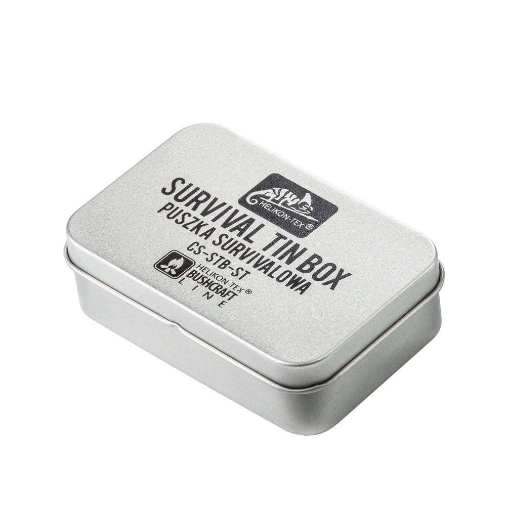 Helikon-Tex Survival Tin Box CS-STB-ST-15 front view, pocket-ready for quick access.