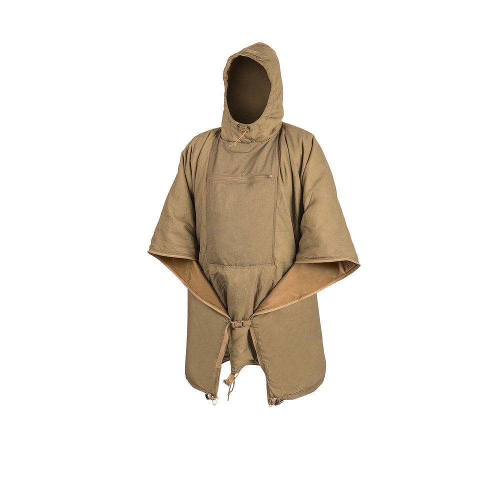 Helikon-Tex Swagman Roll packable poncho in coyote with quick shelter options.