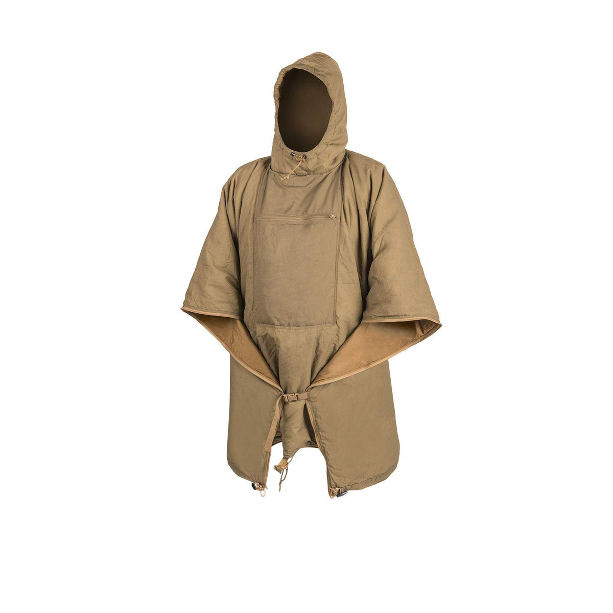 Helikon-Tex Swagman Roll packable poncho in coyote with quick shelter options.