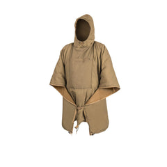 Helikon-Tex Swagman Roll packable poncho in coyote with quick shelter options.