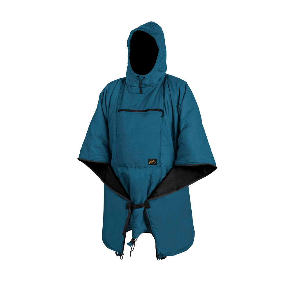 Helikon-Tex Swagman Roll Poncho Aqua Blue packed for travel and quick weather protection