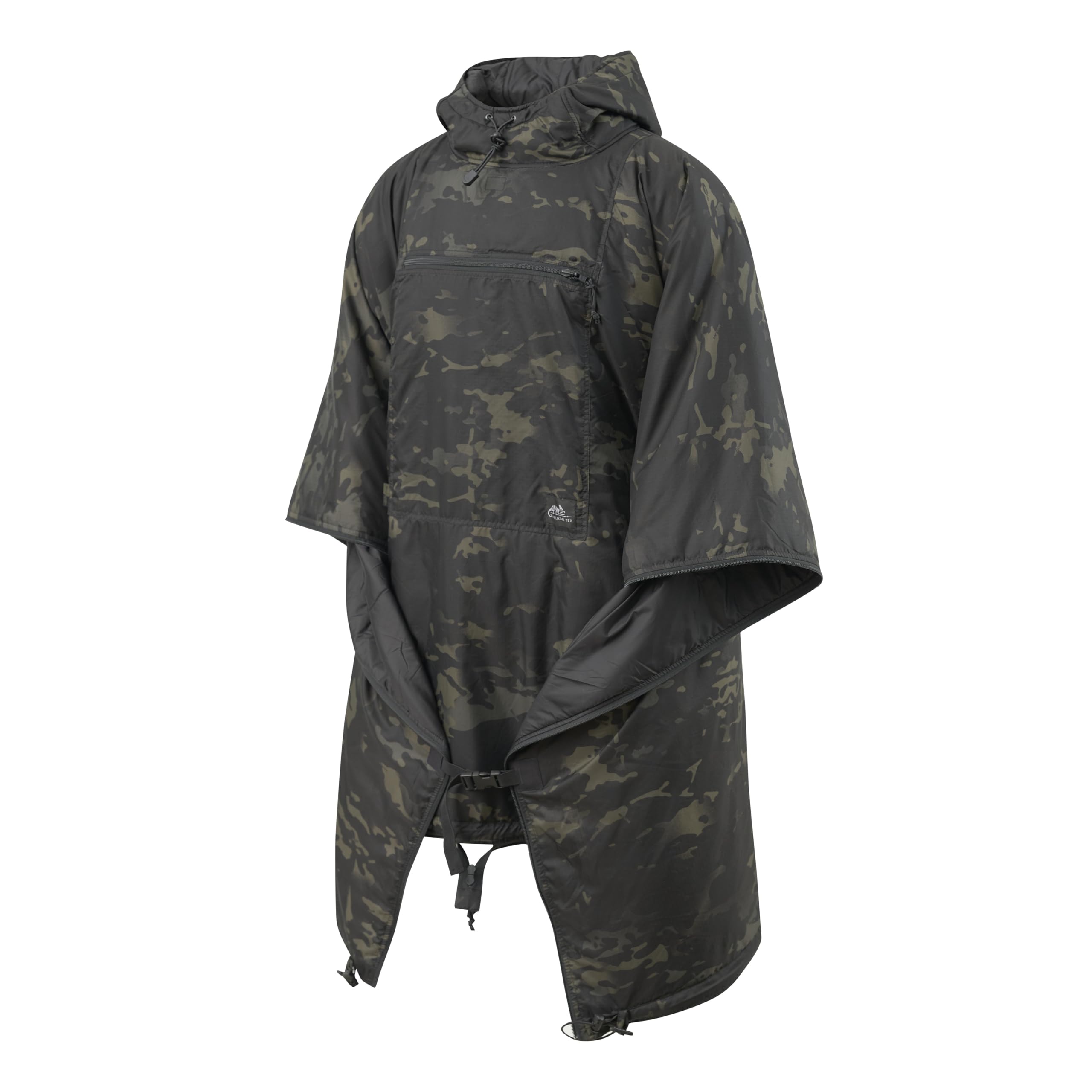 Helikon-Tex Swagman Roll Poncho black worn for rugged outdoor protection.