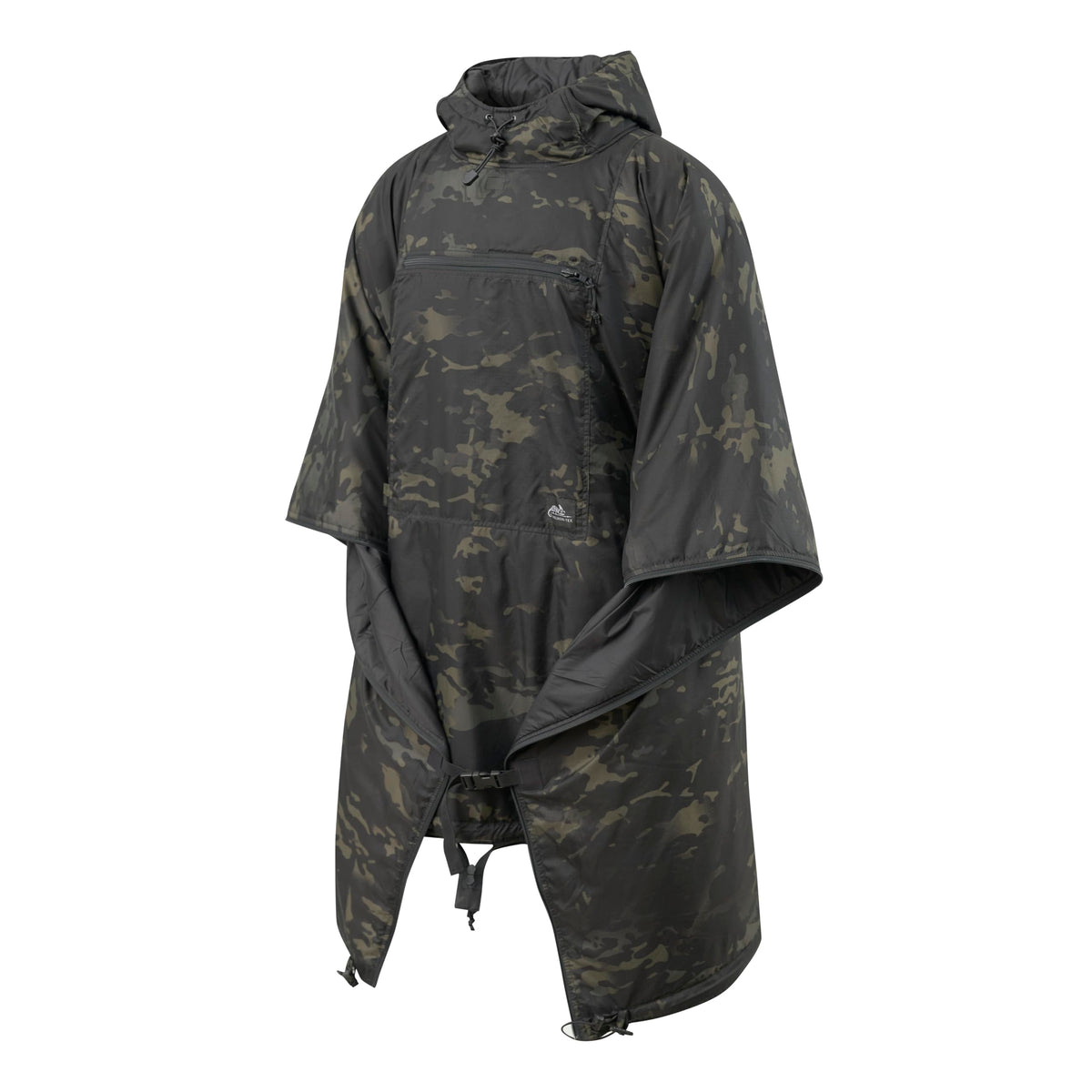 Helikon-Tex Swagman Roll Poncho black worn for rugged outdoor protection.