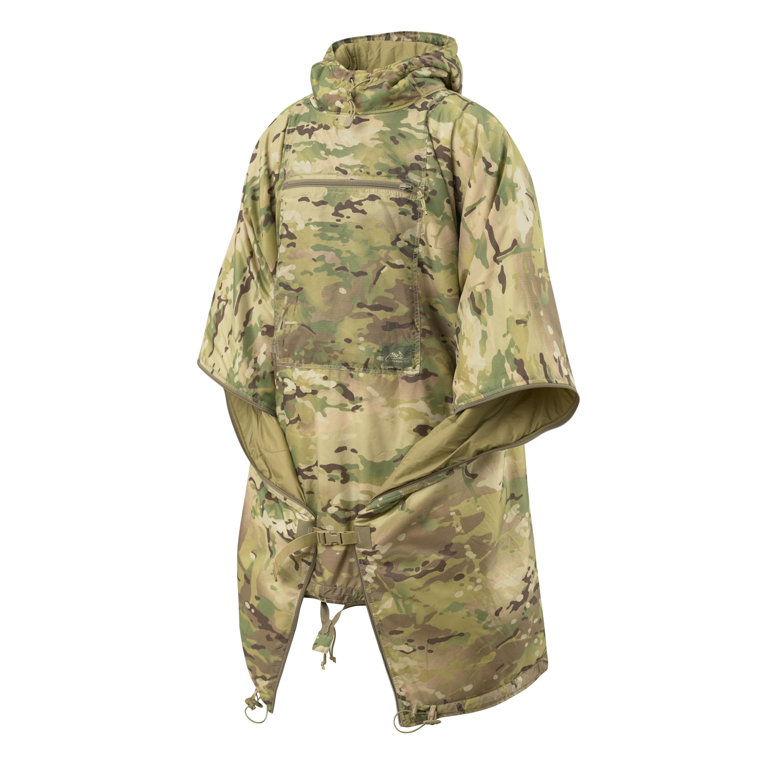 Helikon-Tex Swagman Roll Poncho Crye Multicam folded for compact emergency gear.