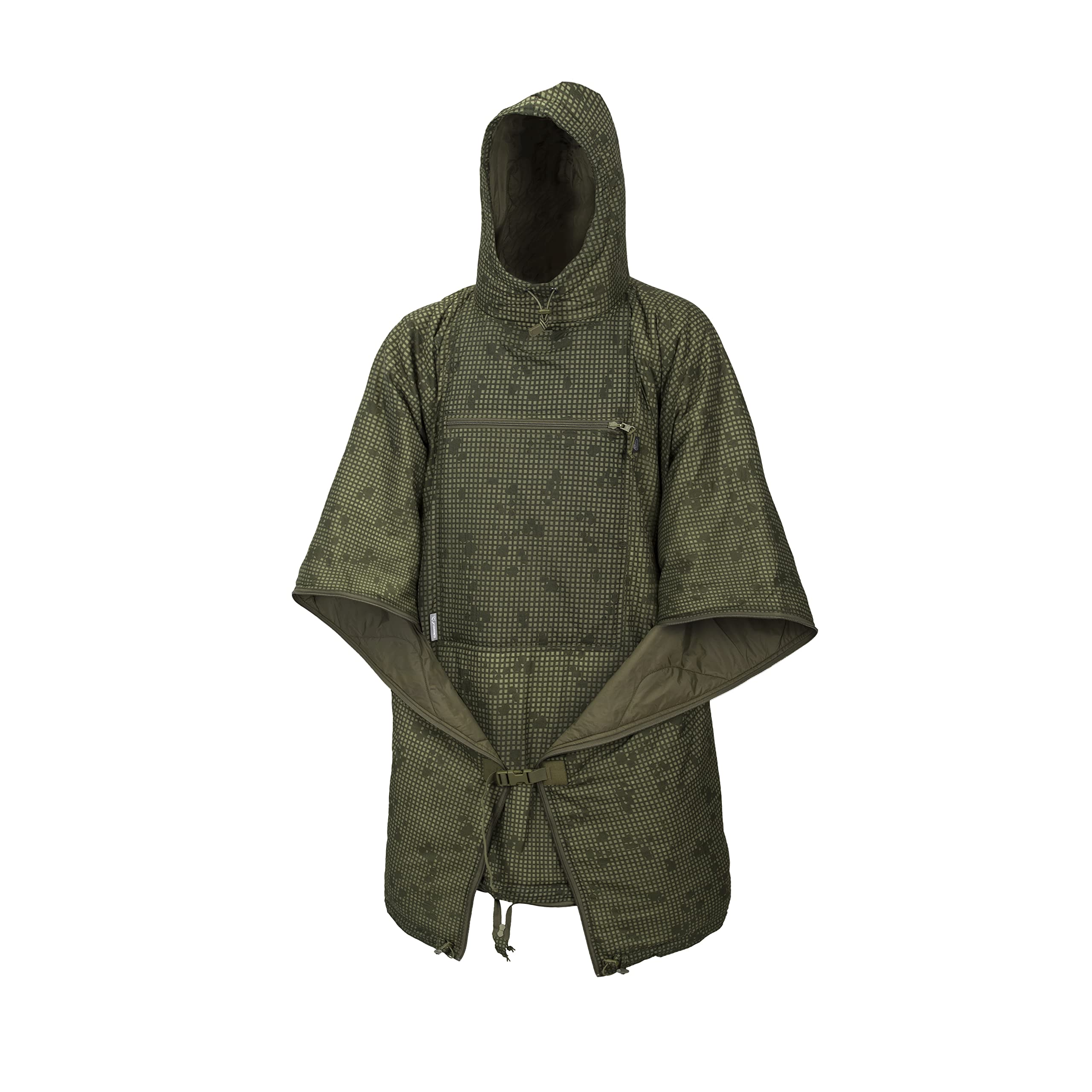 Helikon-Tex Swagman Roll poncho in desert night camo worn for rugged rain protection