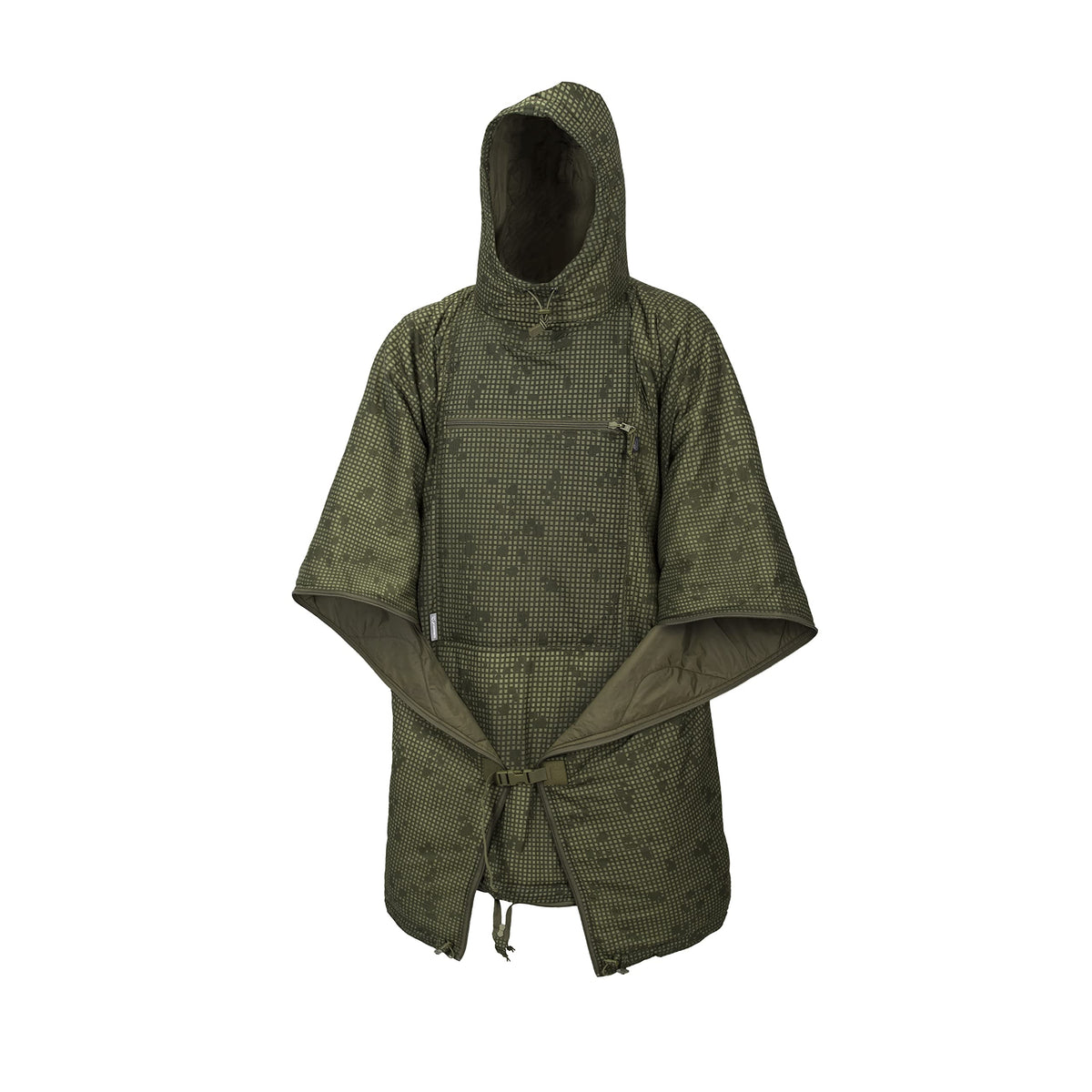 Helikon-Tex Swagman Roll poncho in desert night camo worn for rugged rain protection