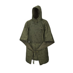 Helikon-Tex Swagman Roll poncho in desert night camo worn for rugged rain protection