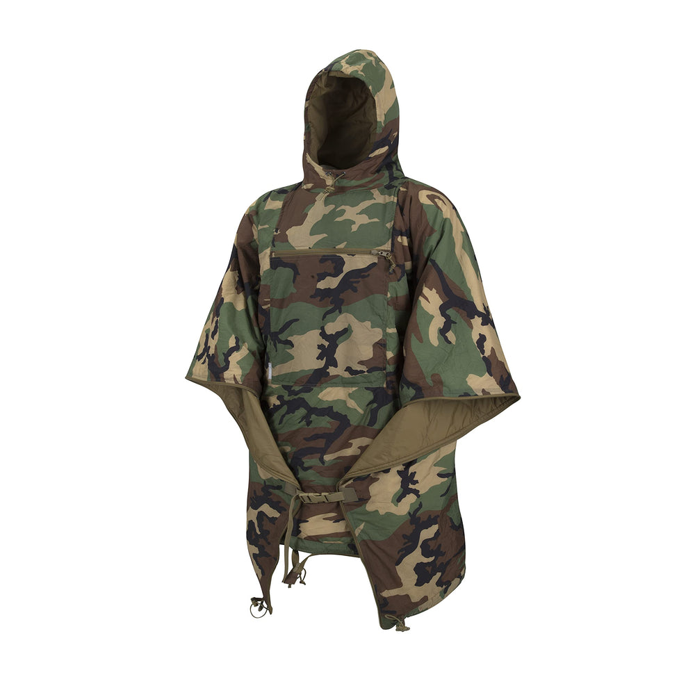 Helikon-Tex Swagman Roll poncho in woodland offers reliable rain protection for outdoor adventures.