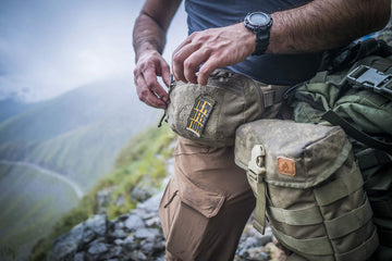 Helikon-Tex Possum Waist Pack multi-cam detail conveys durable urban look.