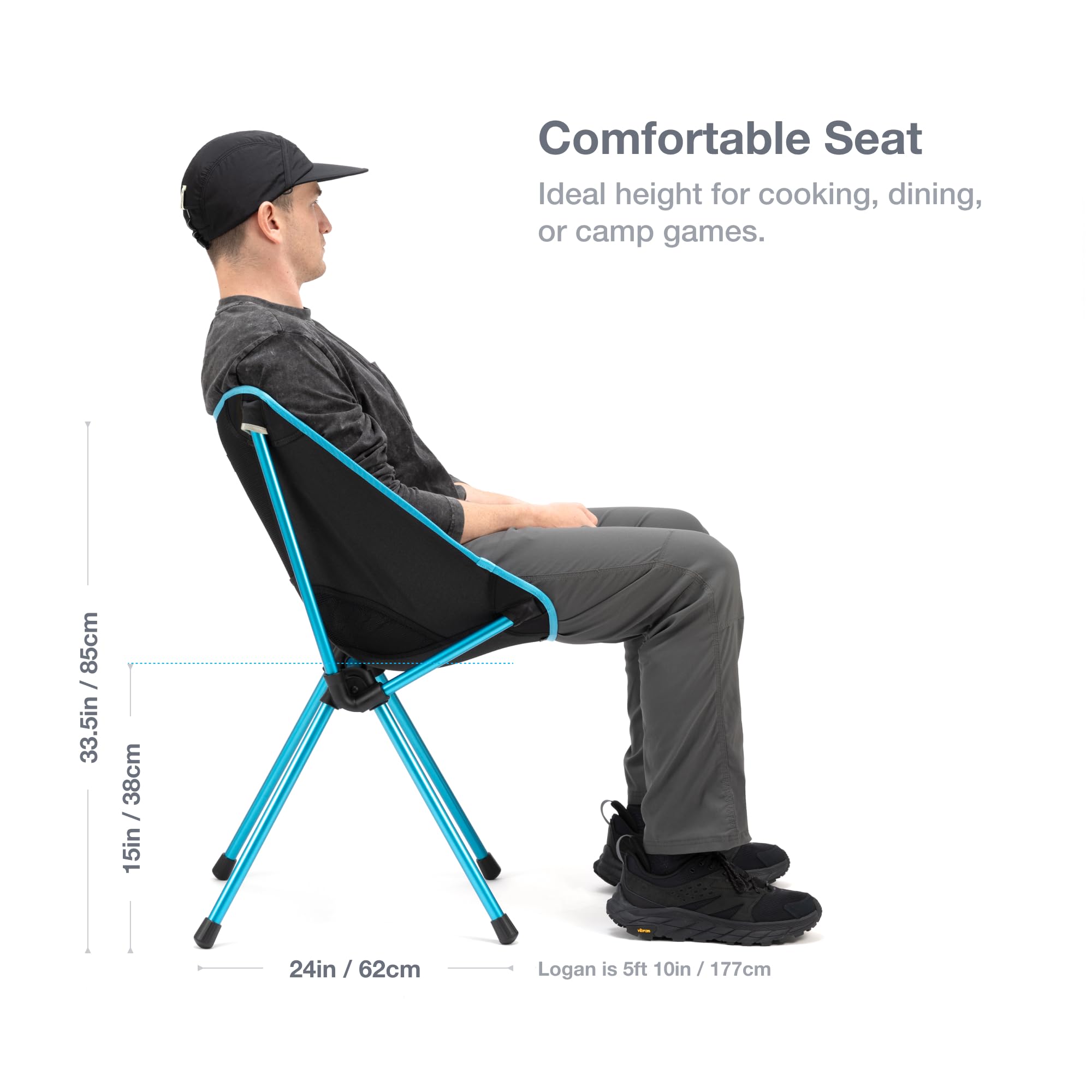 Helinox Café Chair aluminum-frame strength supports up to 320 pounds in rugged outdoor settings.