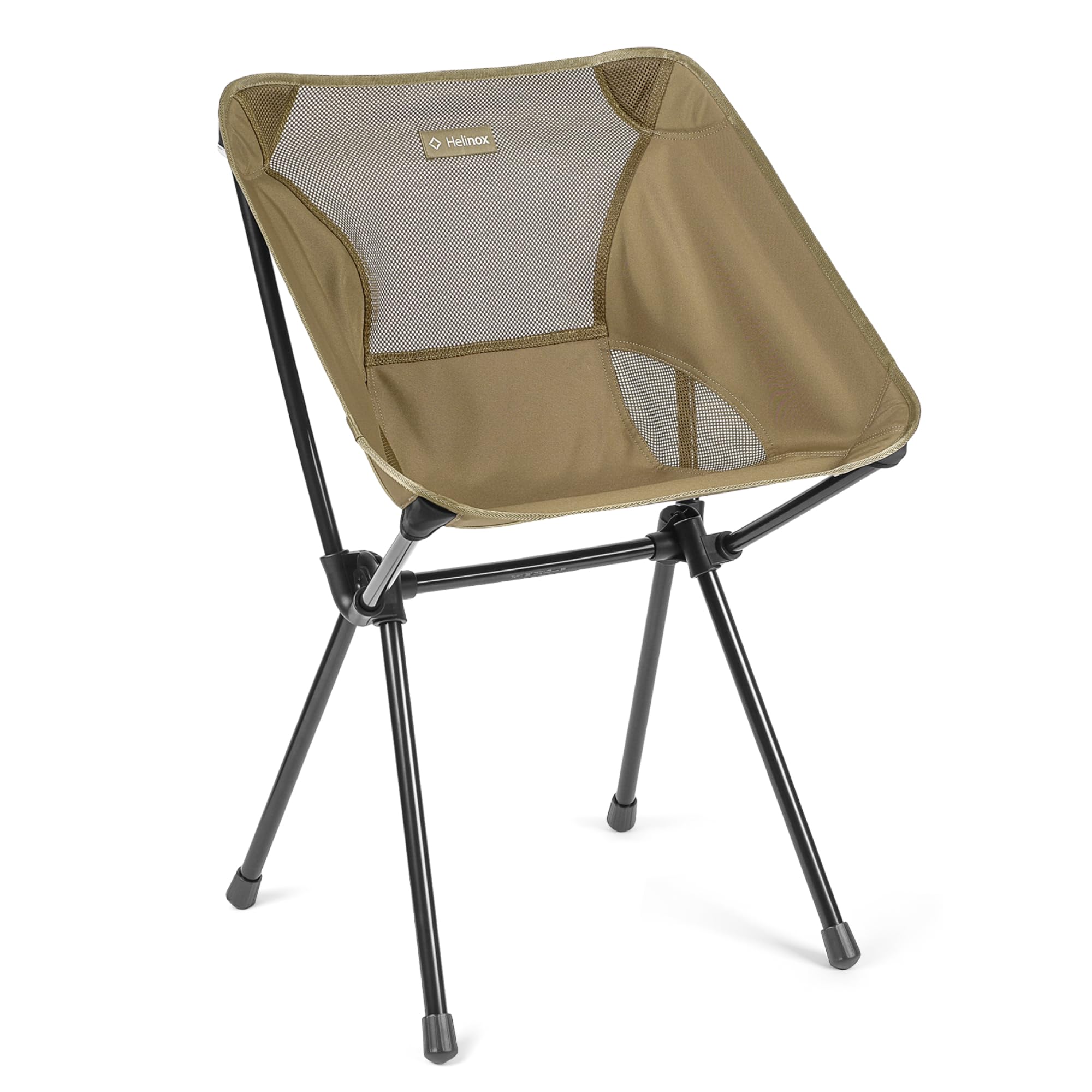 Helinox Café Chair Coyote Tan assembled for comfortable campground dining.