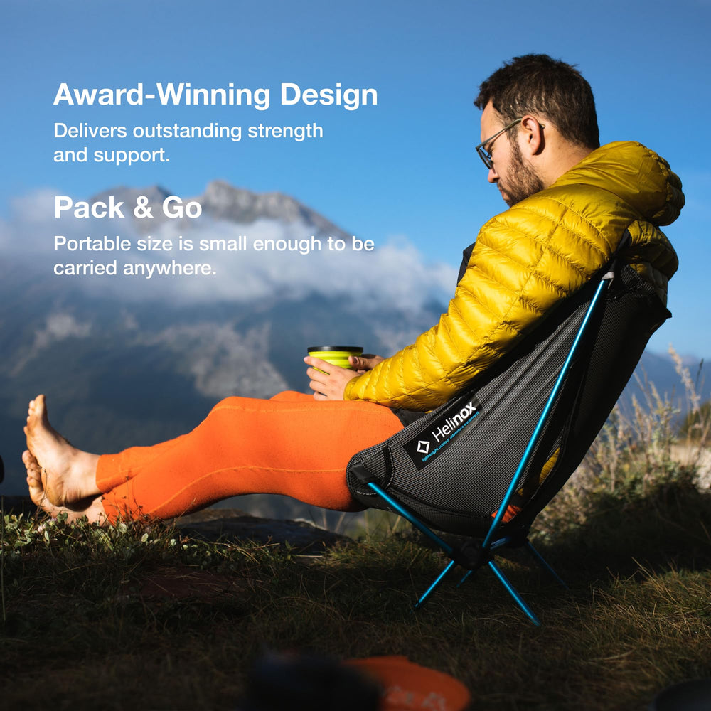 Helinox Chair Zero assembled dimensions show 20.5W x 19D x 25H inches.