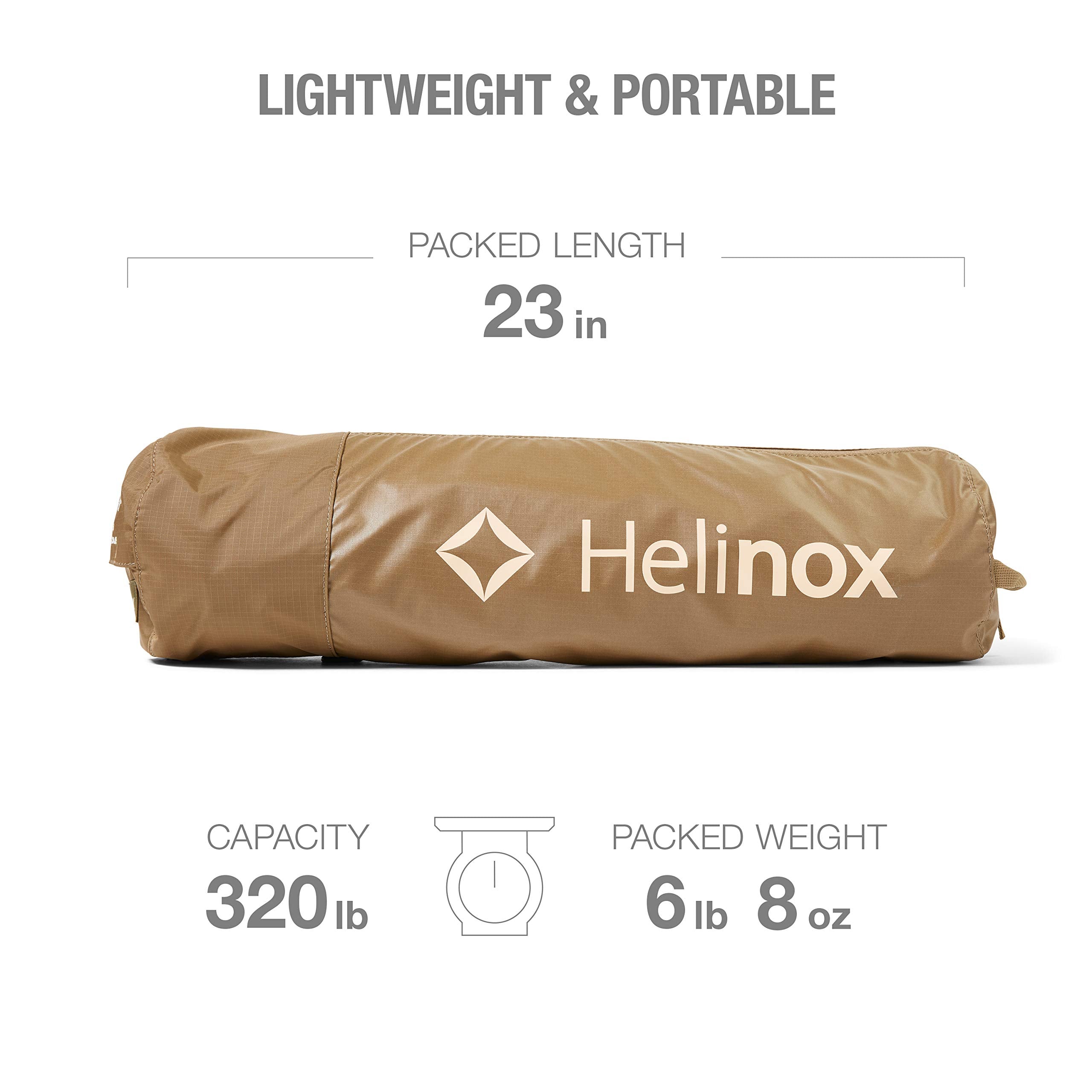 Helinox Cot Max carry case in Coyote Tan offers protective transport and quick access.