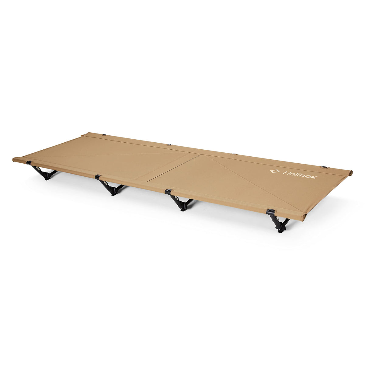 Helinox Cot Max setup in Coyote Tan shows quick assembly for camping comfort.