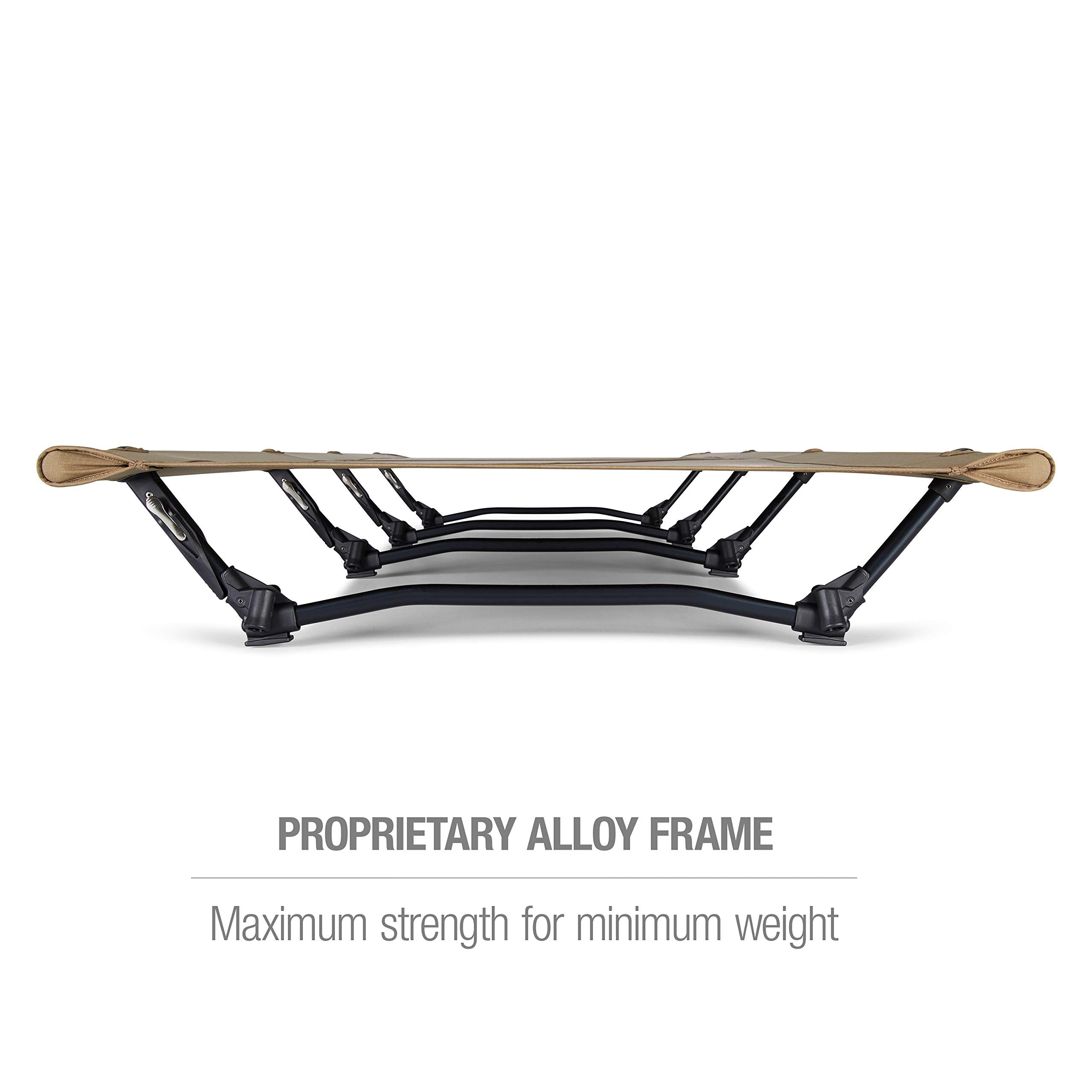 Helinox Cot Max side view in Coyote Tan emphasizes ground clearance for uneven terrain.