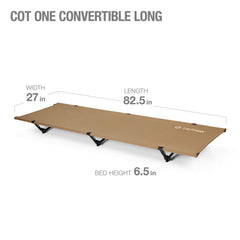 Helinox Cot One Long in Coyote Tan packed in its case for portable travel