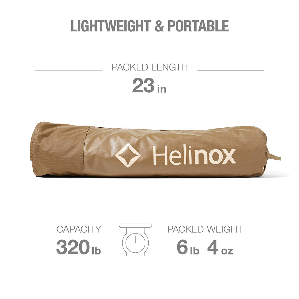 Helinox Cot One Long in Coyote Tan side view showing compact profile and stability