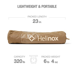 Helinox Cot One Long in Coyote Tan side view showing compact profile and stability