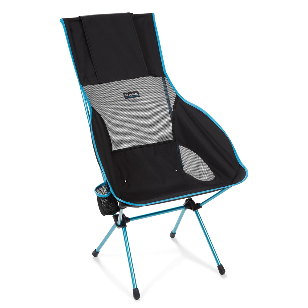 Helinox Savanna high-back chair assembled for easy outdoor seating and quick setup.
