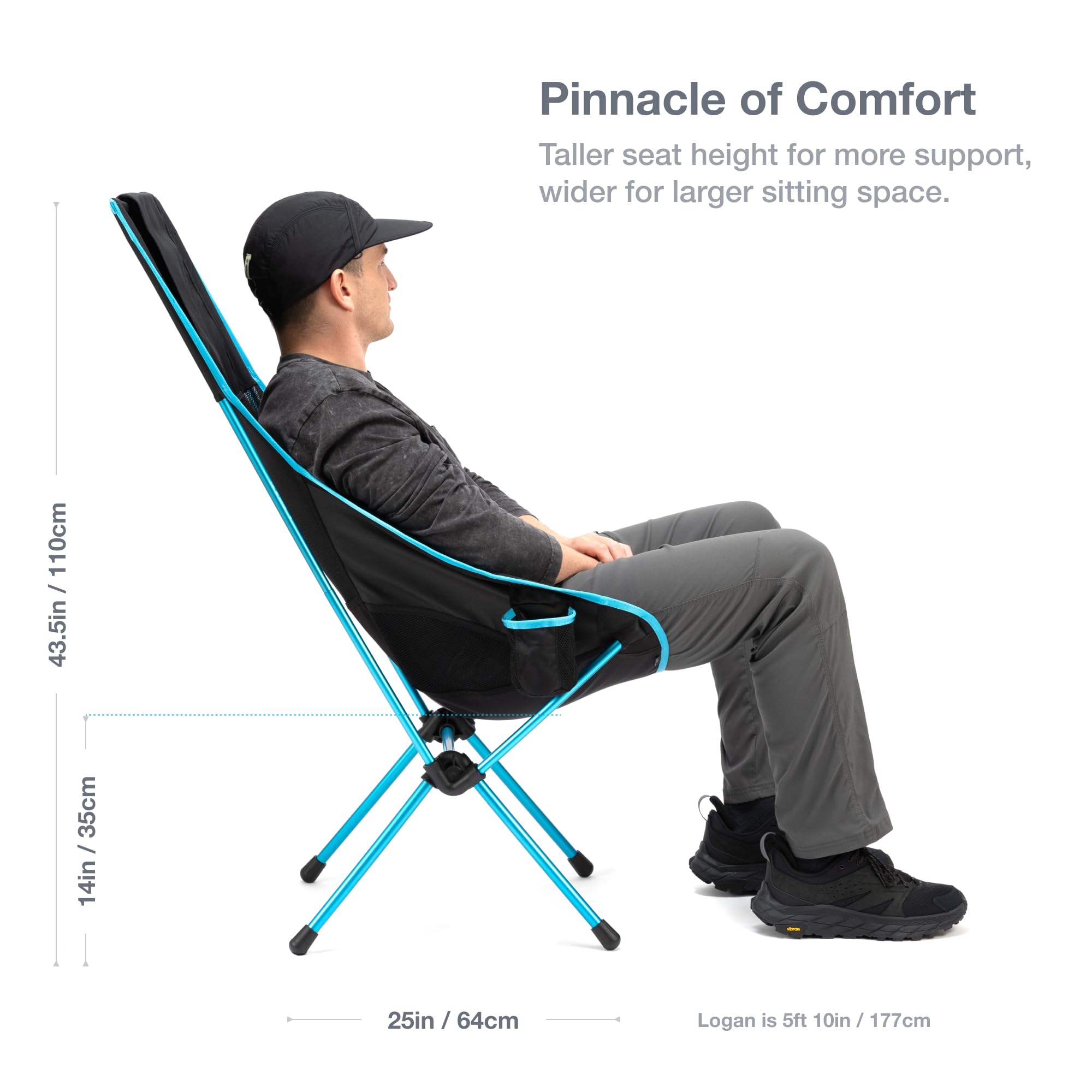 Helinox Savanna high-back chair showing attached cupholder for beverages on the go.