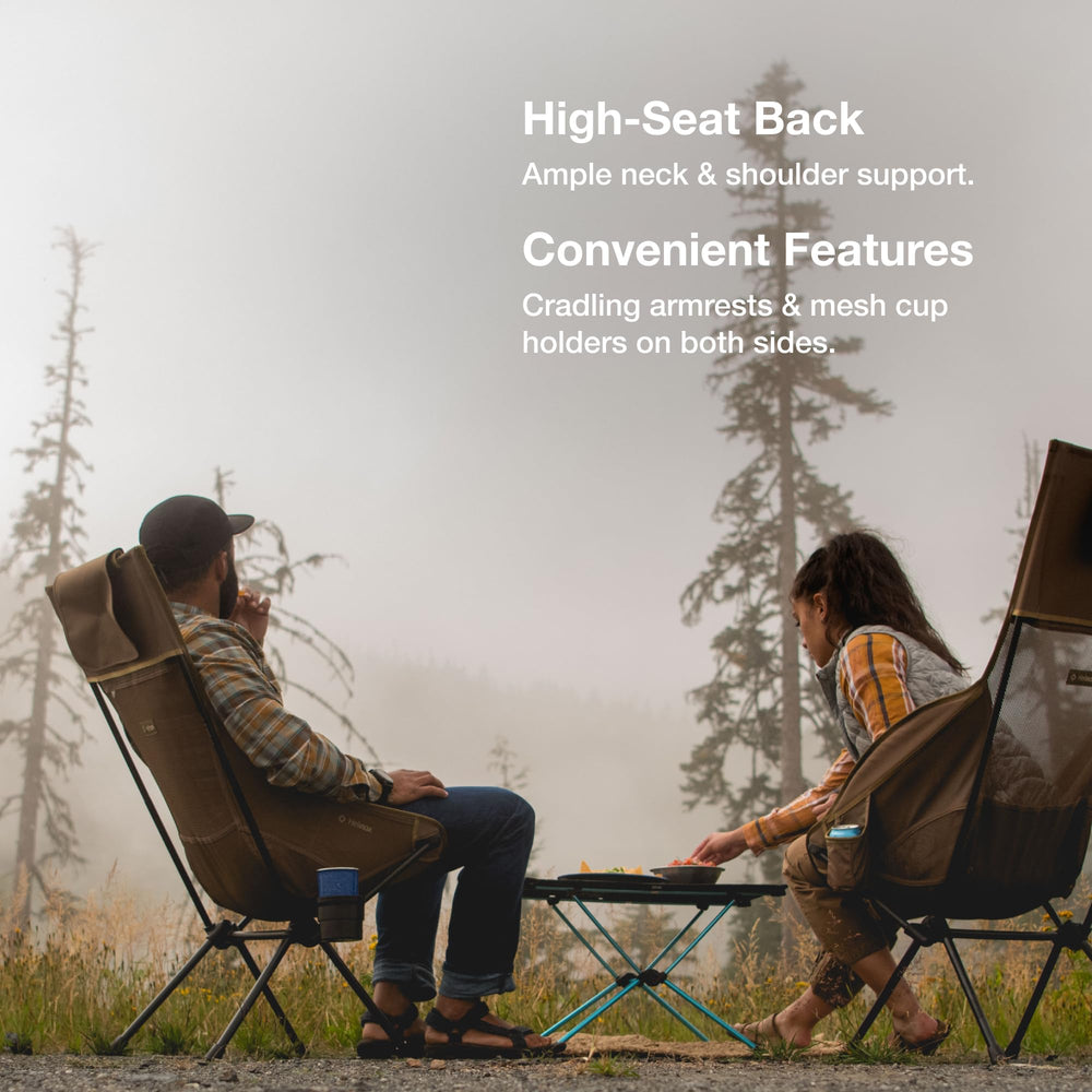 Helinox Savanna chair with dimensions and seat height showing ergonomic seating.