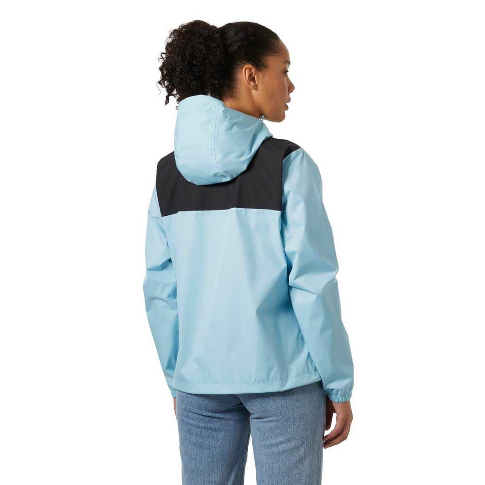 Helly Hansen Vancouver Rain Jacket blue back view, streamlined urban silhouette.