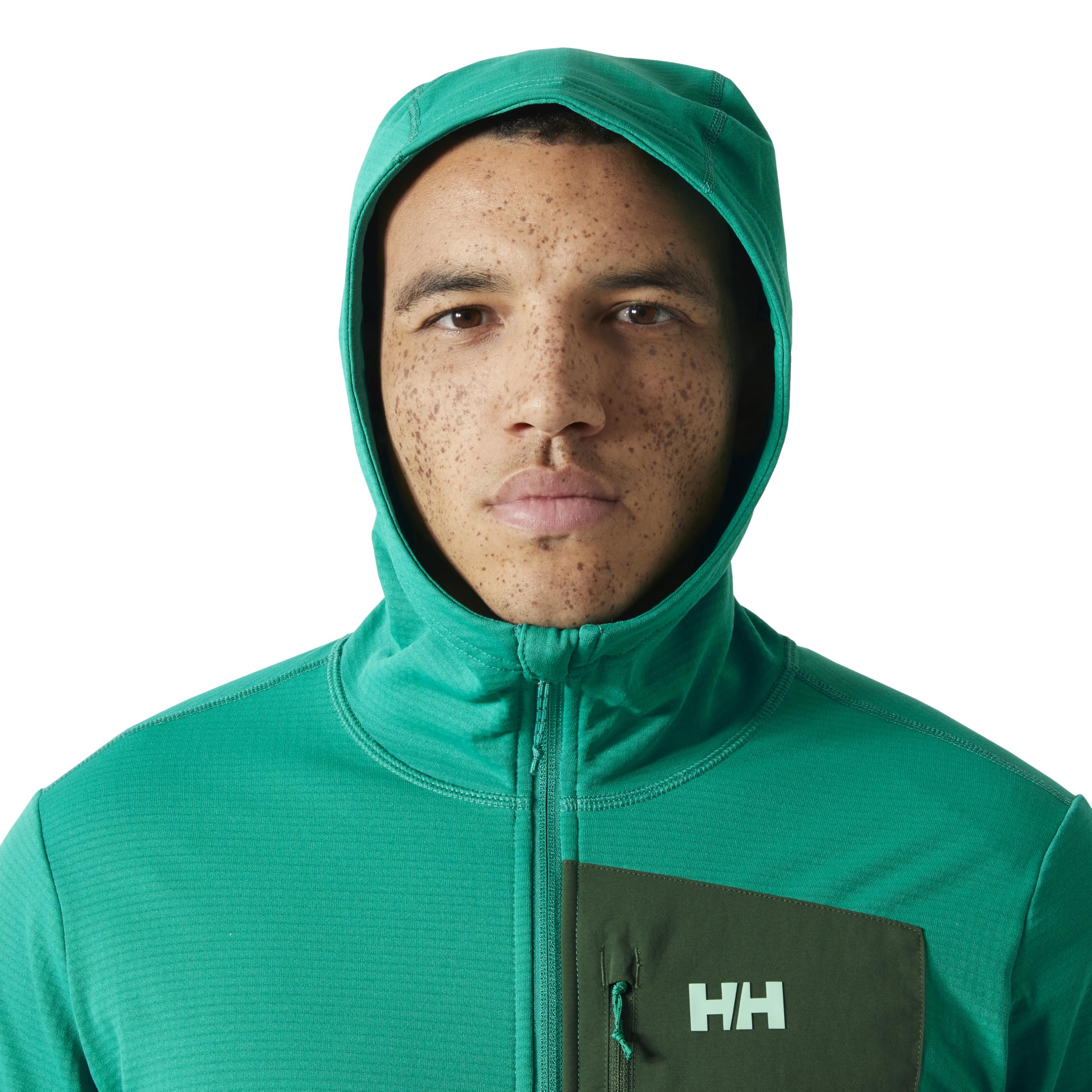Helly-Hansen Versalite hood reveals adjustable protection for changing weather conditions.