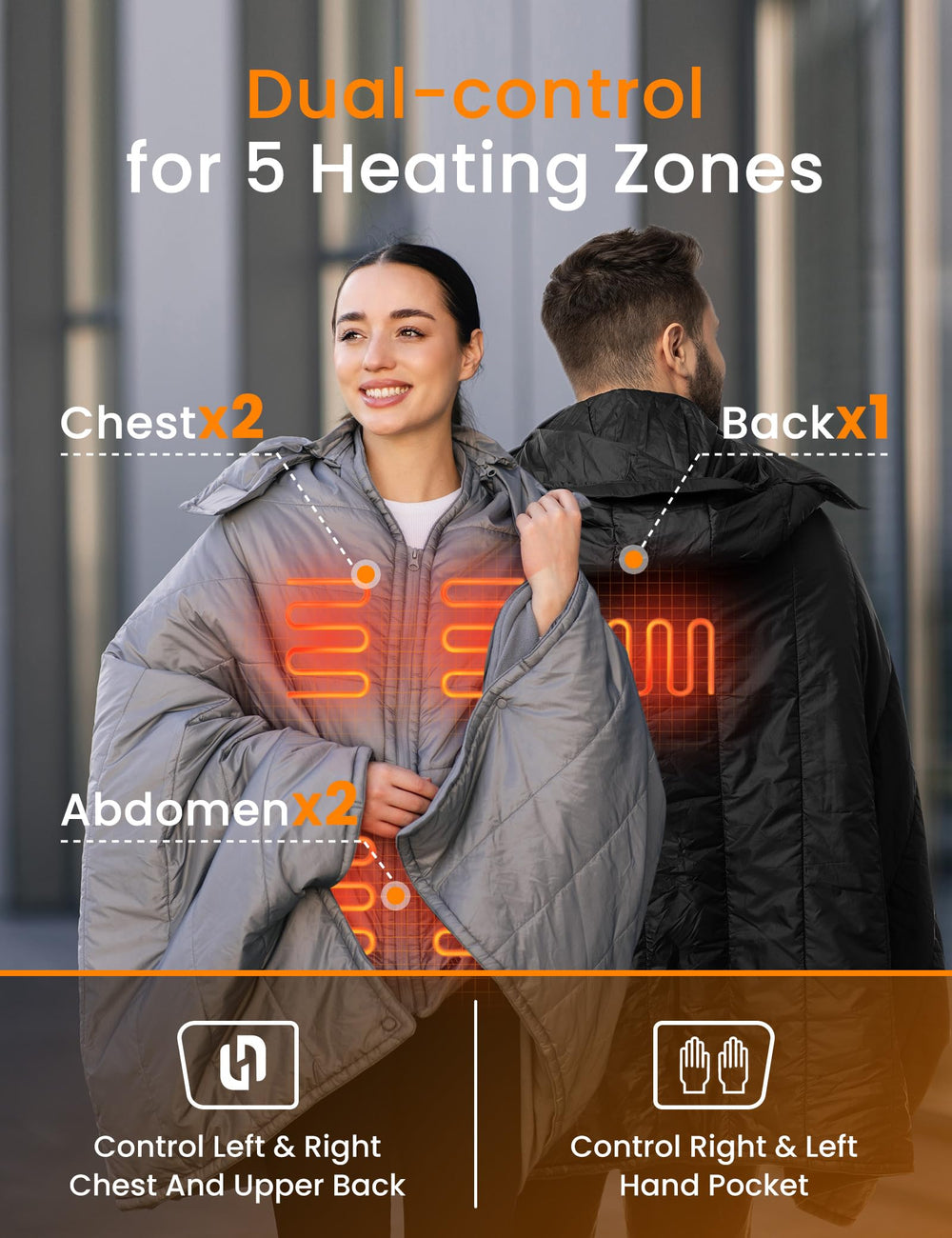 HENNCHEE dual-control five heating zones tailor chest, back, and pocket warmth.